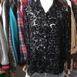 Vintage Whimsigoth Suchada Black and Mesh Silk Blend Flora Velvet Burnout Tops